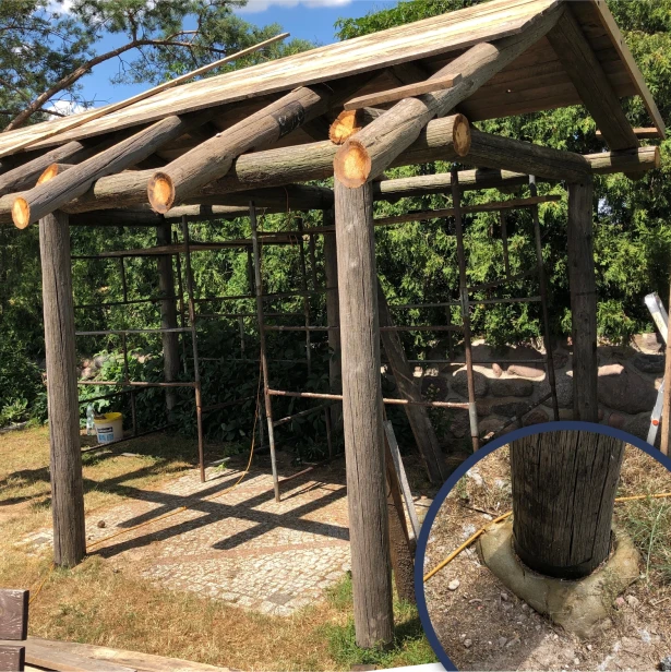 Zastosowanie masy Quikset w montażu drewnianej wiaty z grubych pali